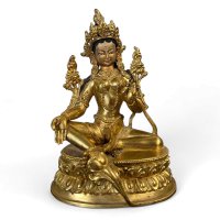 Grüne Tara Buddha Figur aus Bronze, feuervergoldet - Tibet/Nepal