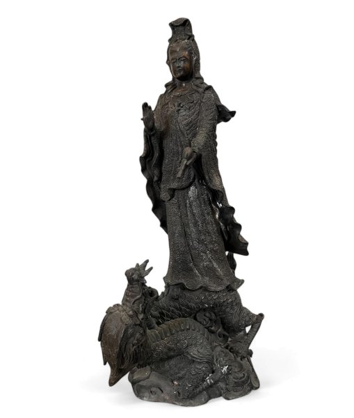 Buddha Figur Bronze Guanyin auf Drache 49cm groß