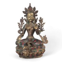 Grüne Tara Buddha Figur aus Bronze, Cloisonne