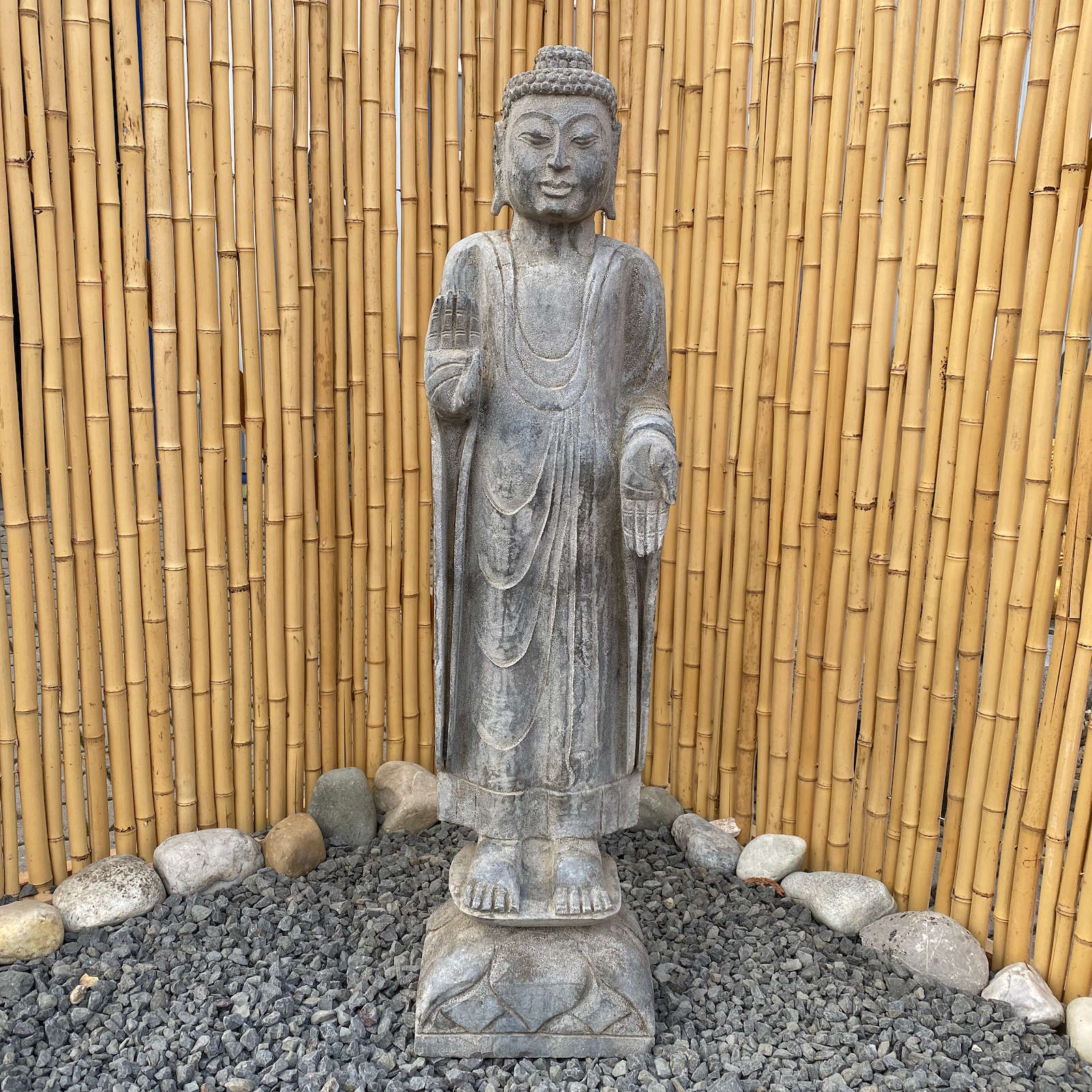 100cm stehende Garten Buddha Statue Naturstein Lotussockel